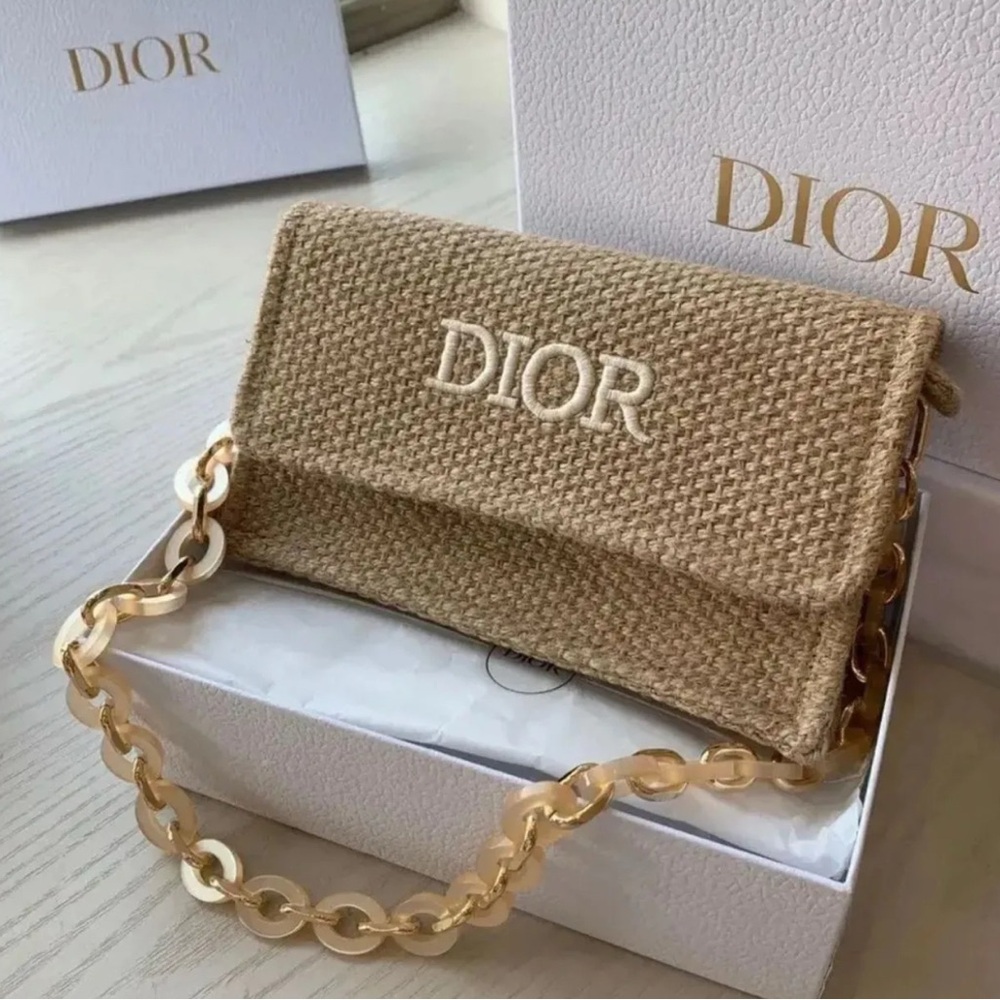 Dior GWP AUTHENTIC RAFFIA Beige Woven Clutch with Gold Chain